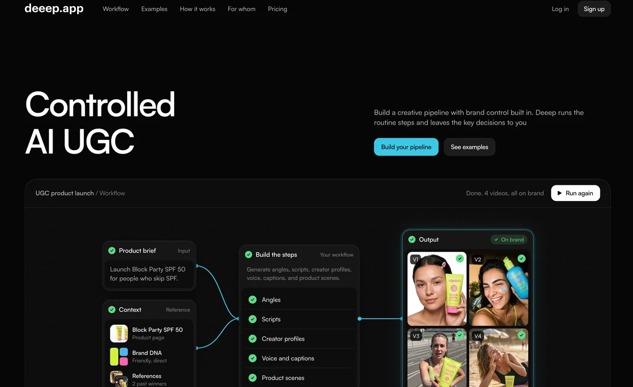 Deep.app landing page: Controlled AI UGC